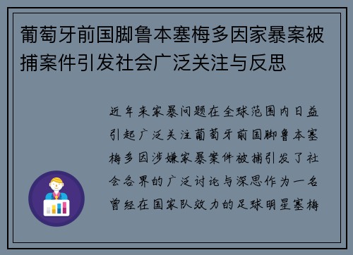 葡萄牙前国脚鲁本塞梅多因家暴案被捕案件引发社会广泛关注与反思