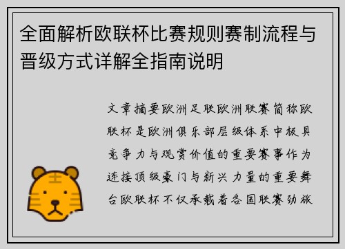 全面解析欧联杯比赛规则赛制流程与晋级方式详解全指南说明